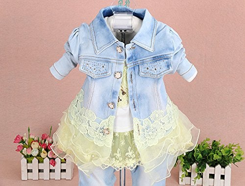 YAO Baby Girls Denim Clothing Sets 3 Pieces Sets T Shirt Denim Jacket and Jeans(Yellow,6-12M) - Image 3